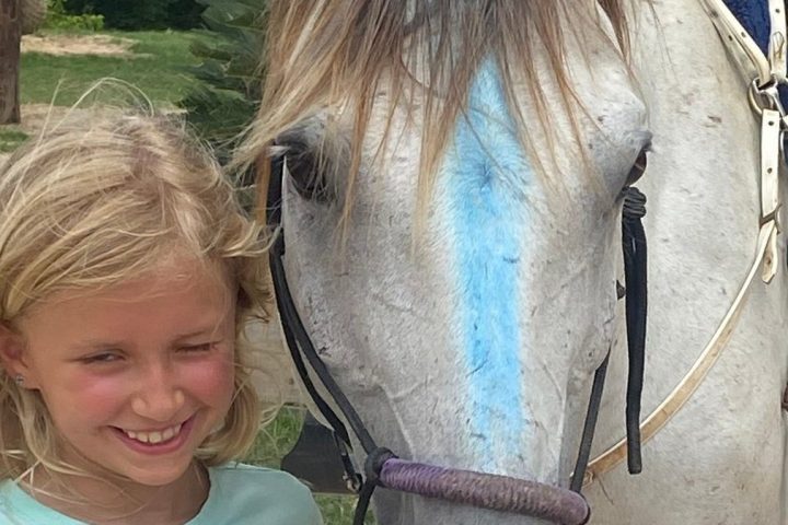 a little girl standing next to a horse