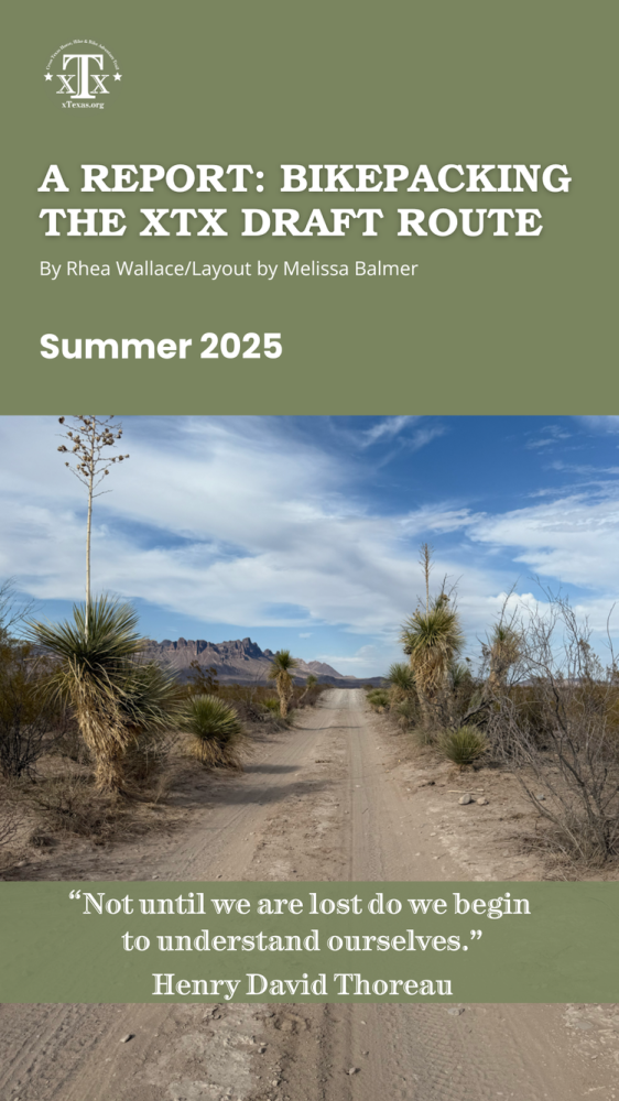 Book cover: 'Bikepacking the XTX Draft Route,' featuring a desert path with quote from Henry David Thoreau.