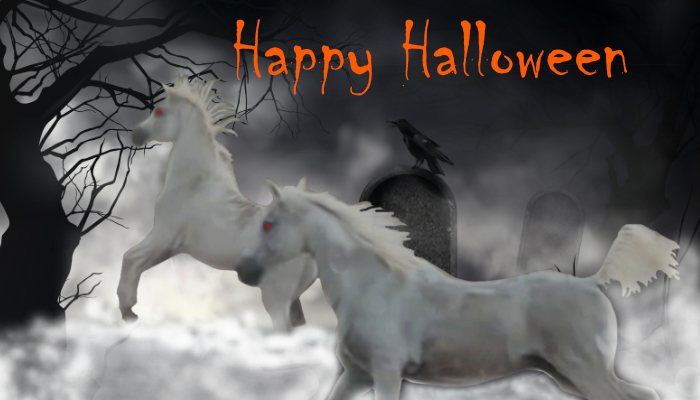 Haunted scene with two ghostly horses, grave, raven, and 'Happy Halloween' text.