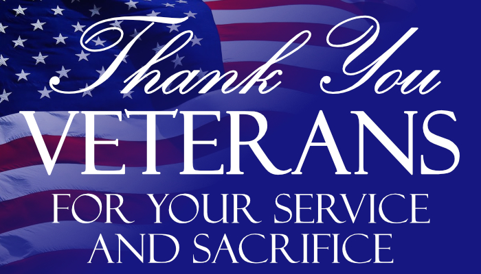 Thank you Veterans message with American flag background.