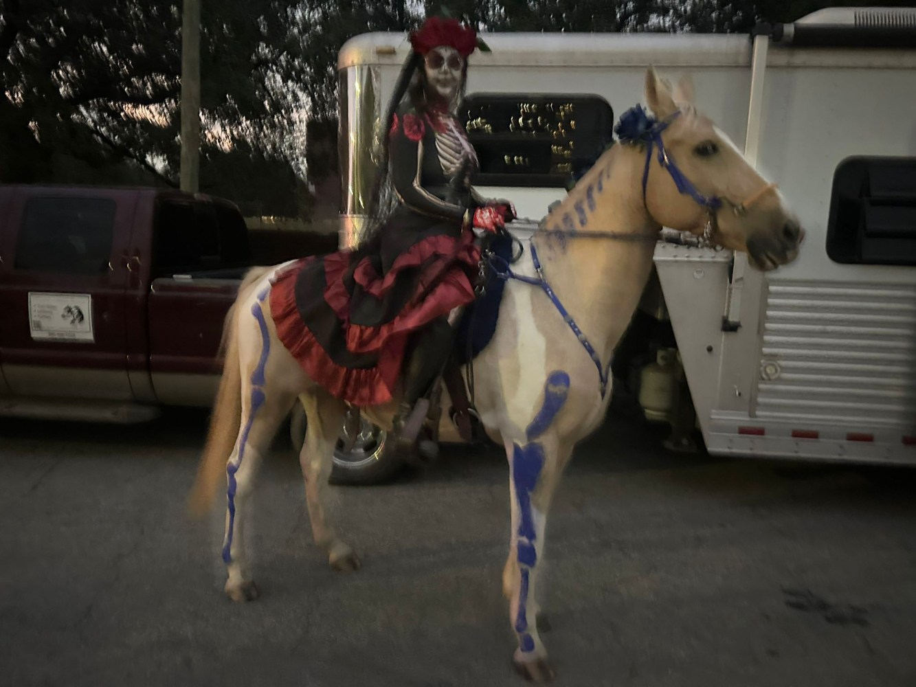Person in skeleton costume on a painted horse, beside a truck and trailer.