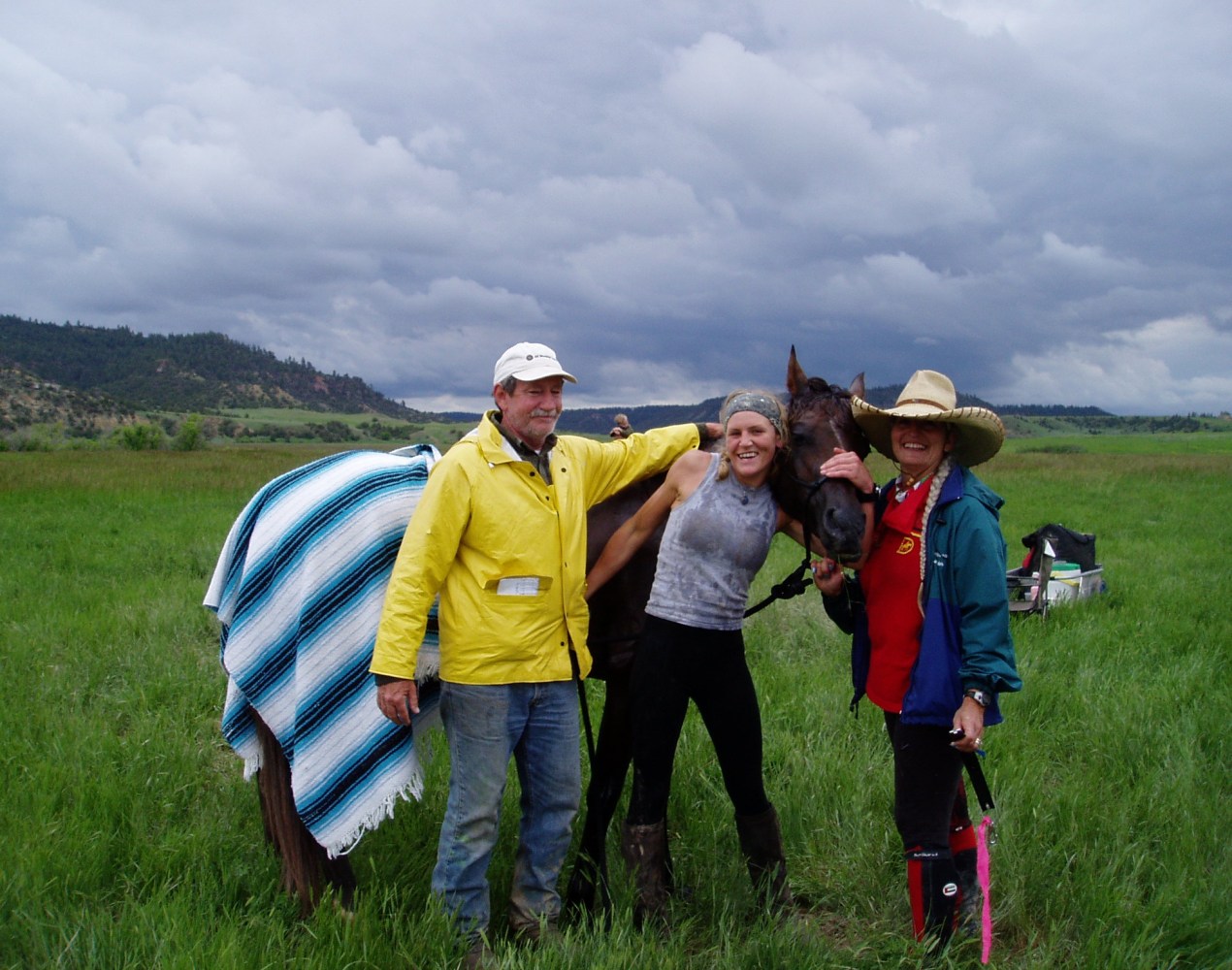 Three people with a horse in a field under a cloudy sky.