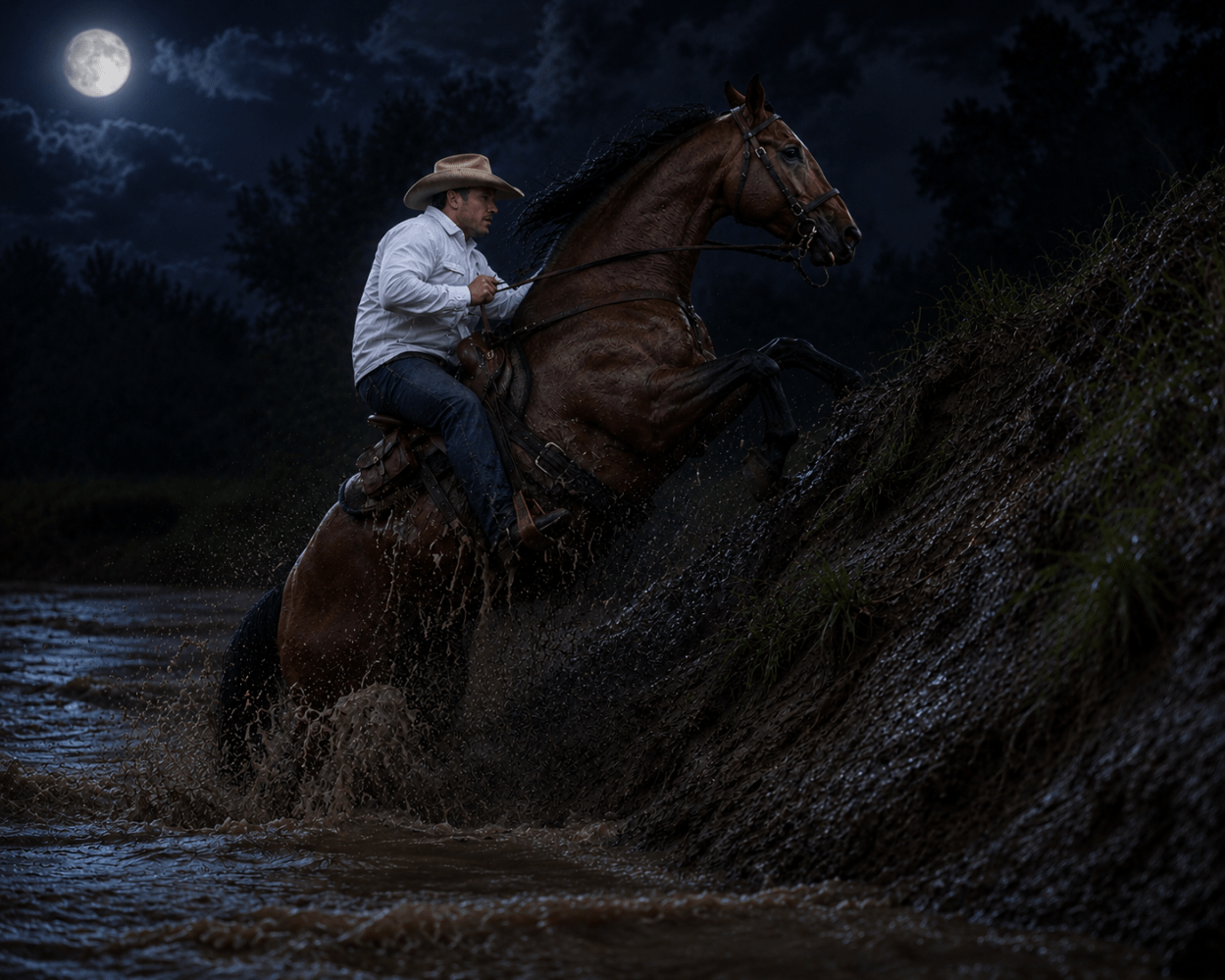 Cowboy on rearing horse crosses river at night under full moon.