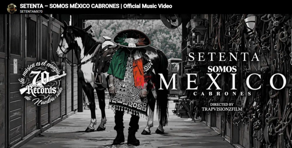 Man in traditional attire walking a horse in a stable, surrounded by 'Somos México Cabrones' text.